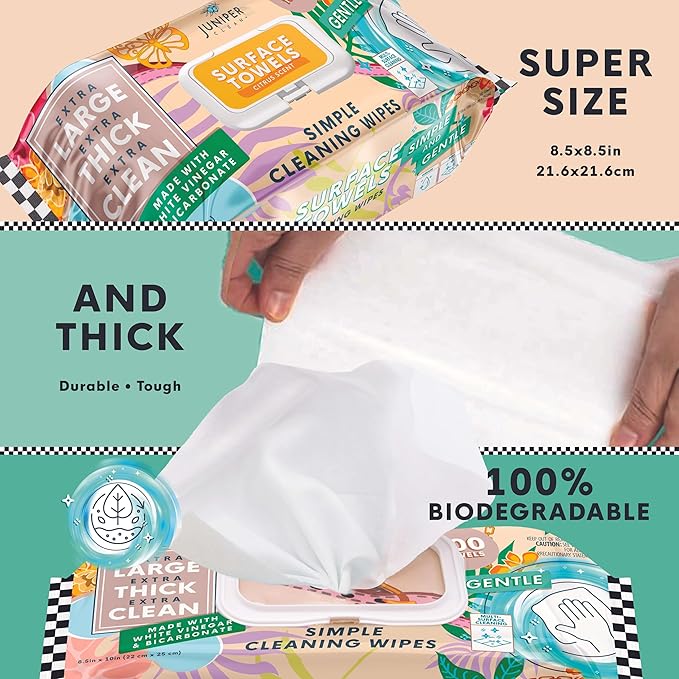 Juniper CLEAN 3 Packs Surface Cleaning Wipes Bleach Free, Thick & Large Dispose, All-Purpose Cleaner for Bathroom, Kitchen, Office, 300 Count Soft Flow, Biodegradable, Citrus Scent