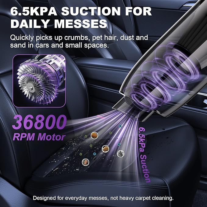 4-in-1 Car Vacuum, Mini Handheld Portable Cordless, 6.5kPa Strong Suction, Ultra-Quiet 60dB, 0.85 lb for Car, Desk & Small Spaces,USB-C Rechargeable 2 Washable HEPA Filters,Ideal Gifts for Men & Women