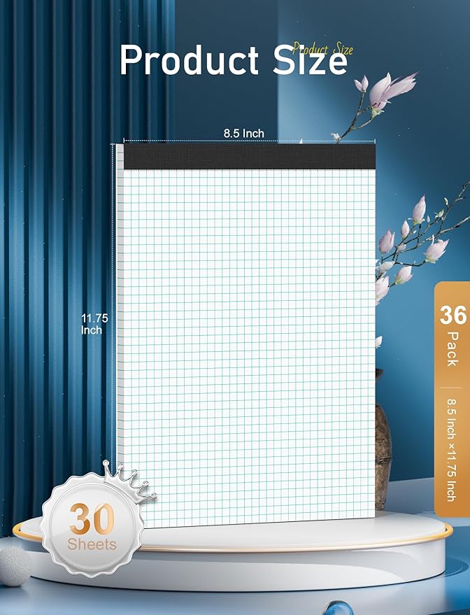 Zaviko Graph Paper Notebook 8.5 x 11, 36 Pack Grid Paper Notebook, 8-1/2" x 11" Graph Paper Pad, 4" x 4" Graph Ruled Drafting Paper, White 70 GSM Quad Ruled Blueprint Paper, 30 Sheets Note Pads