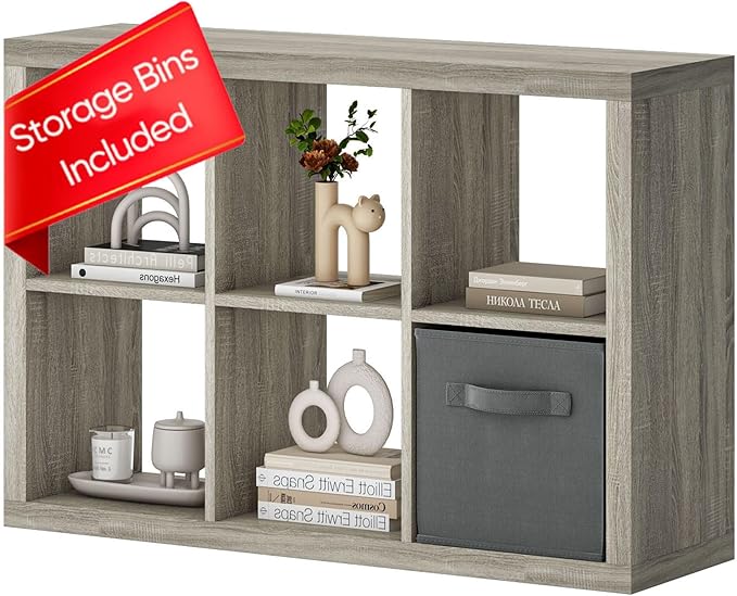 furtble Bookshelf with Storage Bin, 6-Cube Storage Organizer, Modern Wood Open Bookcase, Multifunctional Display Shelf for Living Room, Bedroom, Home Office, Gray Oak
