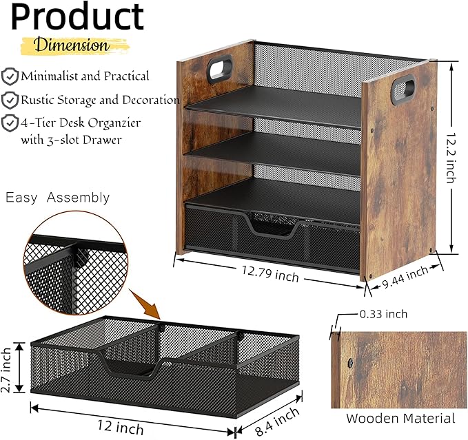 Boershun Wood Desk Organizer - 4-Tier Desktop File Organizer with Drawer, Wooden Paper Tray, Office Desk Organizer for Papers, Mail, Notebooks, Stationery