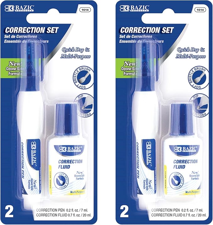 BAZIC Products Correction Fluid, Soft Bristle Brush & Precise Metal Tip Applicator, Fine Point Corrections Pen White Out Wipe Out Liquid (2/Pack), 2-Packs