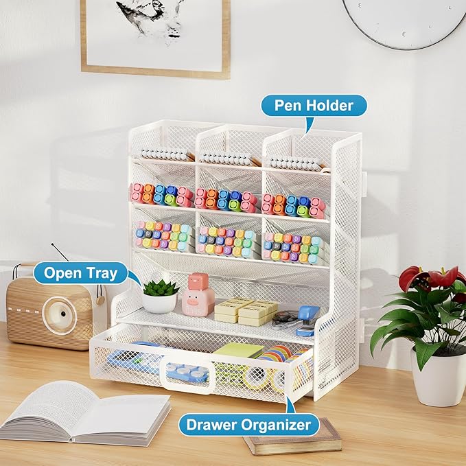 Marbrasse Larger Mesh Desk Organizer with Drawer, Multi-Functional Pen Pencil Holder, Easy Assembly, Desk Organizers and Accessories for Office Art Supplies (White)