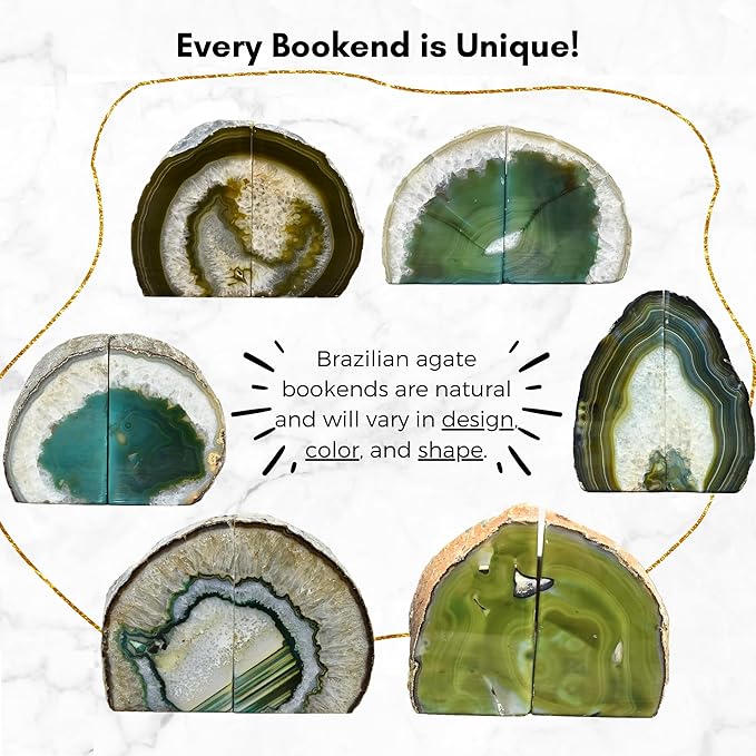 Nature's Decorations Agate Bookends - A Quality Green Geode with Non-Skid Rubber Bumpers for Shelves, Office, Home Decor, Heavy Duty Cute Stone (4-6 LB)