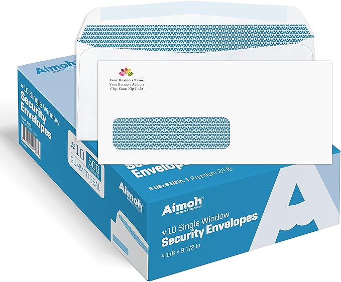 Aimoh 500#10 Custom Printed Single Left Window Envelopes - Text and Logo Customization - Gummed Closure - Size 4-1/8x9-1/2 Inches -24LB-500 Count (7-35310)
