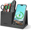 TopMade Wireless Charger with Pen Pencil Holder, Leather Mltifunctional Desk Nightstand Organizer, Fast Charging Station Remote Control Holder, Office Supplies Desk Accessories, Gifts for Men(Black)