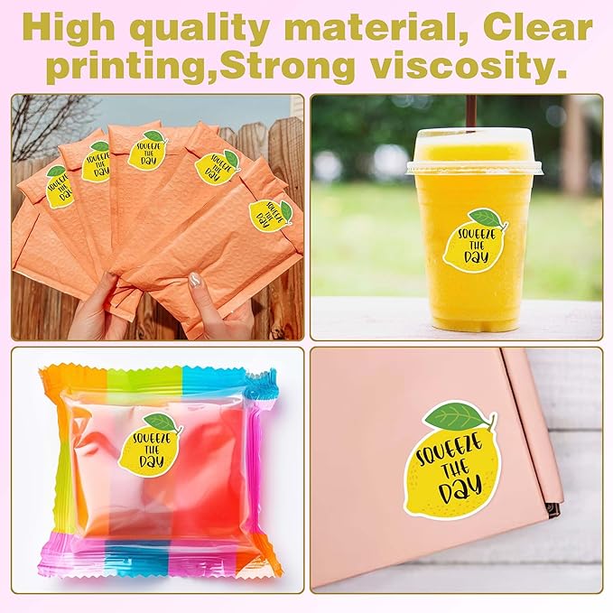 Bttwkco 500pcs Cute Lemon Stickers Roll, Lemonade Stickers for Cups, Lemon Party Supplies Squeeze The Day, Handmade Just for You, Happy Mail