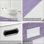 PRANDOM Storage Bins with Lids [3-Pack] Linen Fabric Foldable Storage Boxes Organizer Containers Baskets Cube with Cover for Bedroom Closet Office White&Purple (23.4X15.9X11.4)