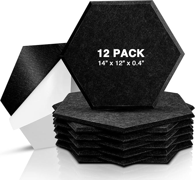 Sonic Acoustics Self-Adhesive 12 Pack Hexagon Acoustic Panels, 14" X 12" X 0.4" High Density Sound Absorbing Panels Sound Proof Insulation Beveled Edge Studio Treatment Tiles-Black