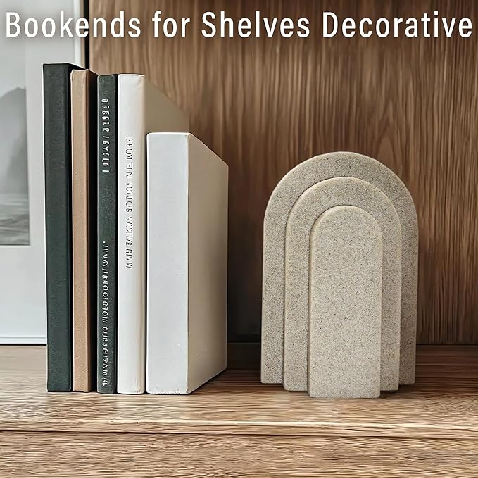 LIN CHUAN Heavy Duty Bookends for Shelves, 6.6 LBS Heavy Book Ends for Heavy Books, Decorative Modern Bookends with Faux Sandstone Look, Layered Arch Book Stopper for Bookshelf Holder Set of 2, Beige