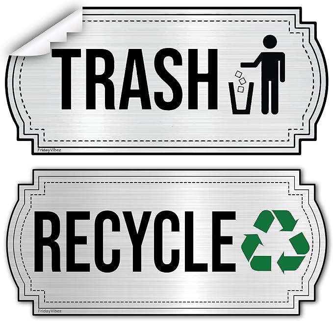 Recycle and Trash Stickers for Kitchen Trash Cans and Recycling Bins, Indoor Trash and Recycle Sticker Combo for Garbage Can Logo Symbol, 2 Silver Decals, 6.5" x 3" Elegant Style with Split-back
