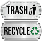 Recycle and Trash Stickers for Kitchen Trash Cans and Recycling Bins, Indoor Trash and Recycle Sticker Combo for Garbage Can Logo Symbol, 2 Silver Decals, 6.5" x 3" Elegant Style with Split-back
