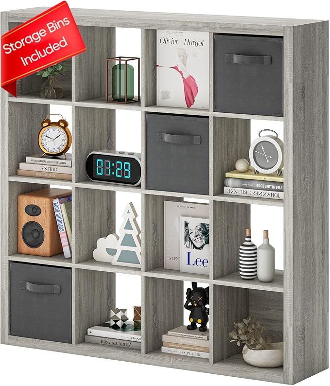 furtble Bookshelf with Storage Bins, 16-Cube Storage Organizer with Back Panels, Modern Wood Open Bookcase, Multifunctional Display Shelf for Living Room, Bedroom, Home Office, Gray Oak