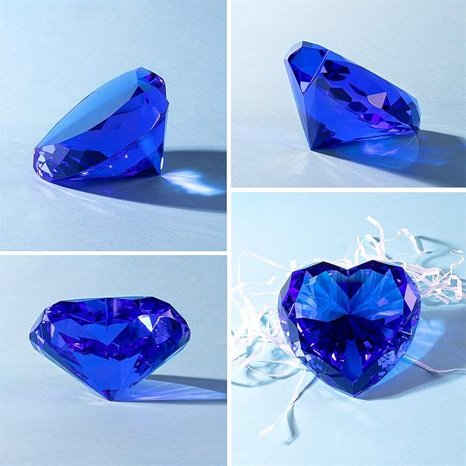 Blue Crystal Diamonds Paper Weights, Heart Shape Real Diamond Glass Gems Paperweight for Decoration, Big Diamonds Home Office Decor Valentine's Day Gift Wedding Favors with Gift Box 80mm