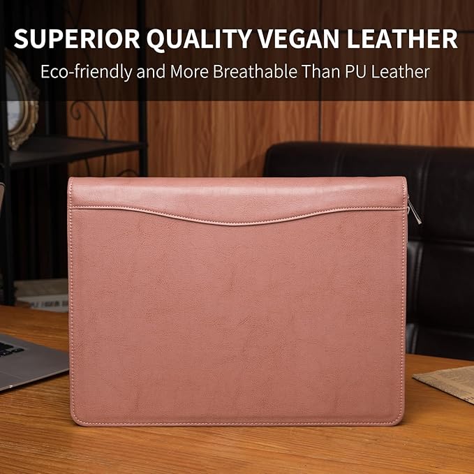 Geslun Personalized Vegan Leather Portfolio, Legal Size 8.5 x 14 Pad Holder, Custom Business Padfolio for Women, Zippered 14" Laptop Organizer, Professional Notepad Folio, Pink
