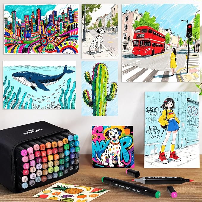 WELLOKB Alcohol Markers Set, 60 colors Alcohol Based Dual Tip, Fine and Brush Tip for Adult Coloring Books, Drawing, Sketching
