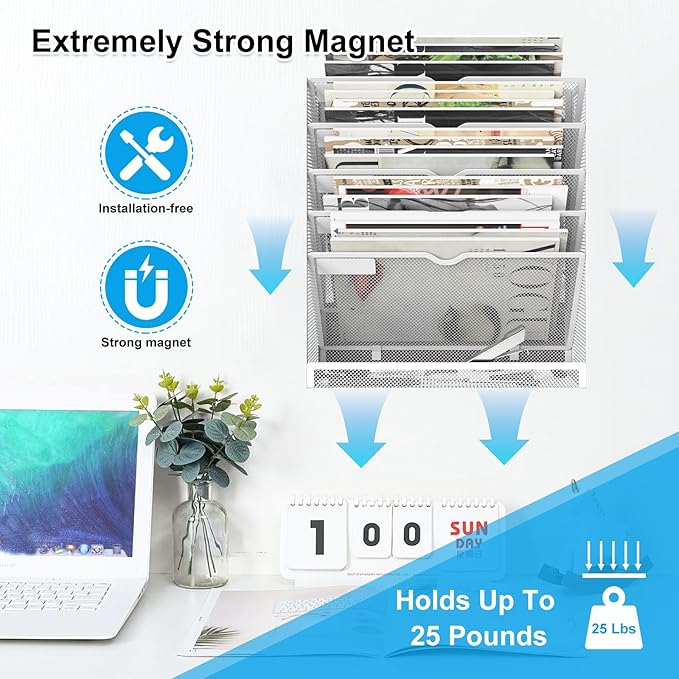 KZWKRG 6 Tier Magnetic File Holder, Large Capacity Mesh Hanging Wall Organizer Vertical Magnetic Hanging File Organizer, Magnetic File Folder Holder for File Cabinets, Office, Whiteboard (White)