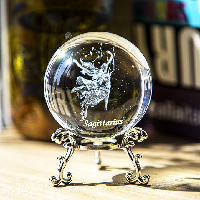 3D Laser Constellation Crytsal Ball Crystal Paperweight Full Sphere Glass Fengshui with Sliver-Plated Flowering Stand(Sagittarius)