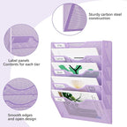 EasyPAG 5 Pocket Mesh Wall File Organizer, Hanging Paper Folder Holder with Classify Label, Vertical Wall Mount Mail Organizer for Office Home Classroom, Purple