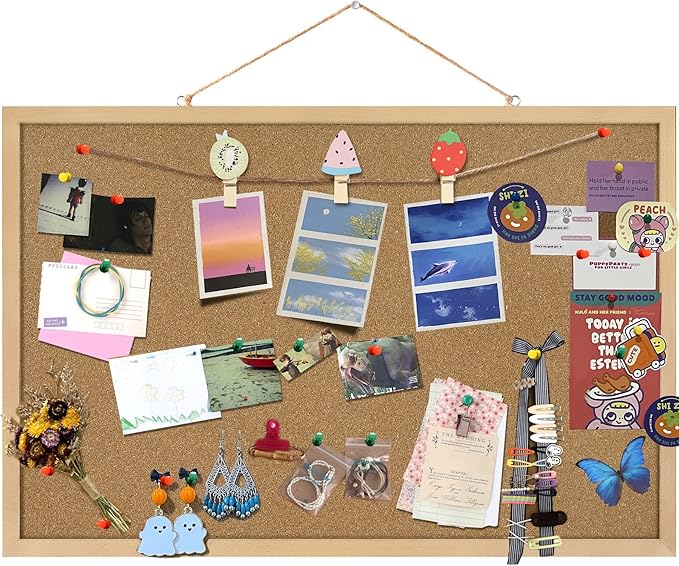 Cork Board Bulletin Board 23 x 15.7Inches with Rectangle Wooden Frame Hanging Pin for Walls Office Message Board or Vision Board Decoration