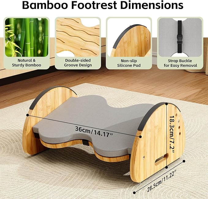 Ergonomic Under Desk Bamboo Footrest, 3-in-1 Reversible Rocking Footrest with Footpads, 4 Adjustable Heights Office Foot Stool, Large Anti-Slip Surface, Improves Posture and Blood Circulation