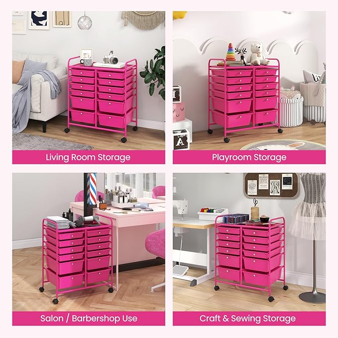 Giantex 12 Drawer Rolling Storage Cart Tools Scrapbook Paper Office School Organizer (Hot Pink)