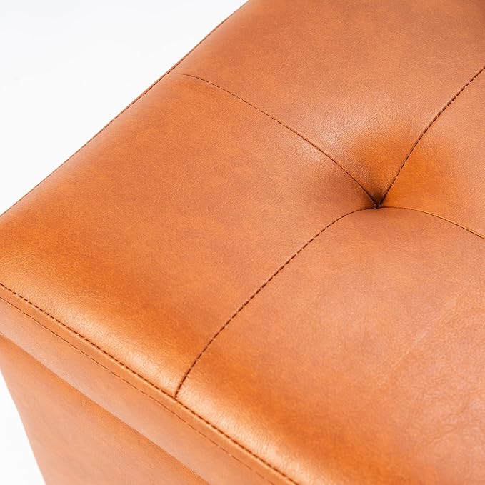 Asense 17 Inch Storage Ottoman Foot Rest,Square Faux Leather Foot Stool,Small Ottoman with Storage,Padded Seat for Entryway,Living Room,Bedroom,Couch,Under Desk,Cognac Brown