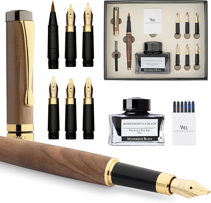 Wordsworth & Black Calligraphy Pen Gift Set, Includes Ink Bottle, 6 Ink Cartridges, Ink Refill Converter, 6 Replacement Nibs, Luxury Bamboo, Journaling, Smooth Writing Pens [Brown Wood]