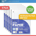 Loose Leaf Paper College Ruled Notebook Paper College Ruled Lined Writing Filler Paper 10.5” x 8” 900 Sheets 150 Sheets Per Pack 60 gsm (6 Pack)