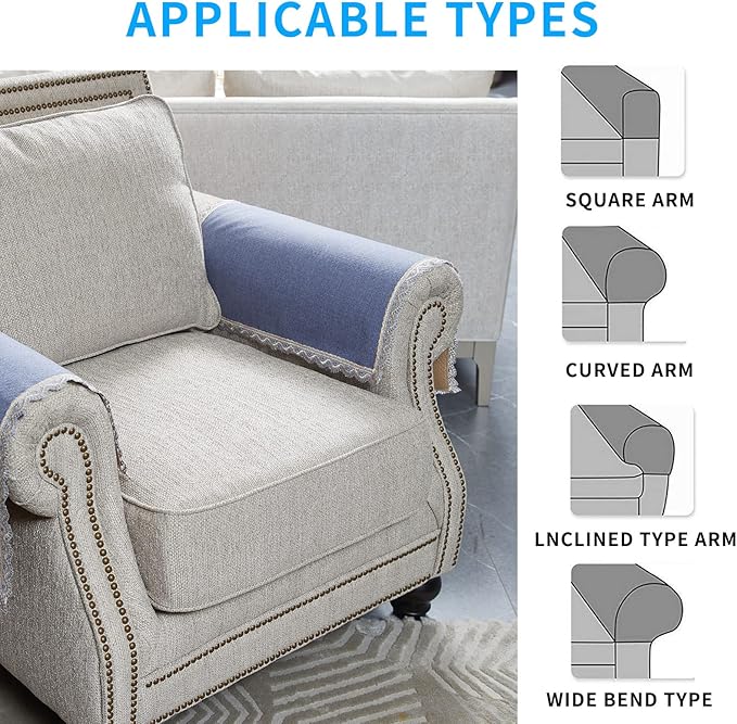 MINJIATEX Couch arm Covers,Non-Slip lace Sofa arm Covers Set of 2 Washable Sofa armrests Covers for Living Room Recliner Chair arm Cover Protectors for Leather Sofa armrest slipcover (JYS-Blue)
