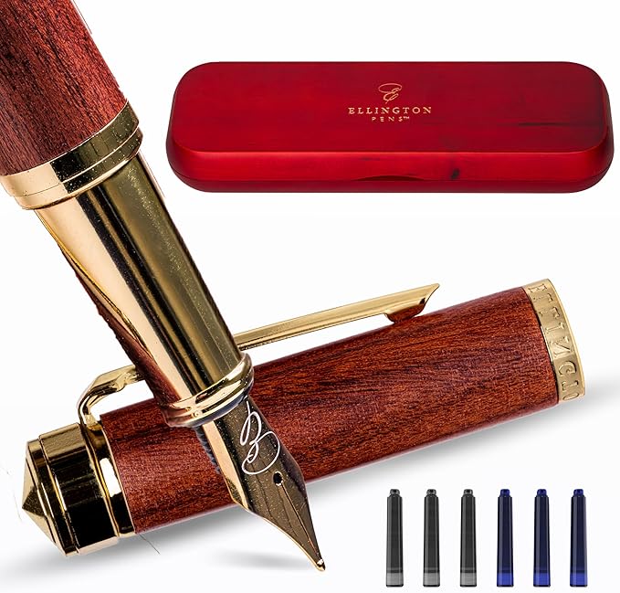 Ellington Pens Luxury Wood Fountain Pen Set – Extra Fine Nib - Includes Wooden Pen Gift Box, Ink Converter, 6 Ink Cartridges – Wood Pen For Writing, Calligraphy, Journaling, Drawing (Rosewood)