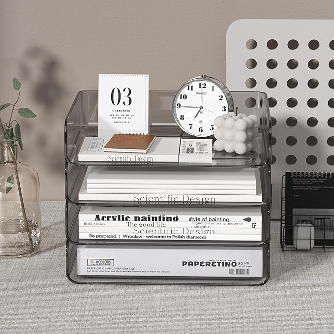 FANXIYQ 4-Tier Acrylic Paper Tray Organizer - Low-Profile Desk File Sorter for Office/Home, Brown Stackable Letter Tray for Bills, Crafts, Notebooks