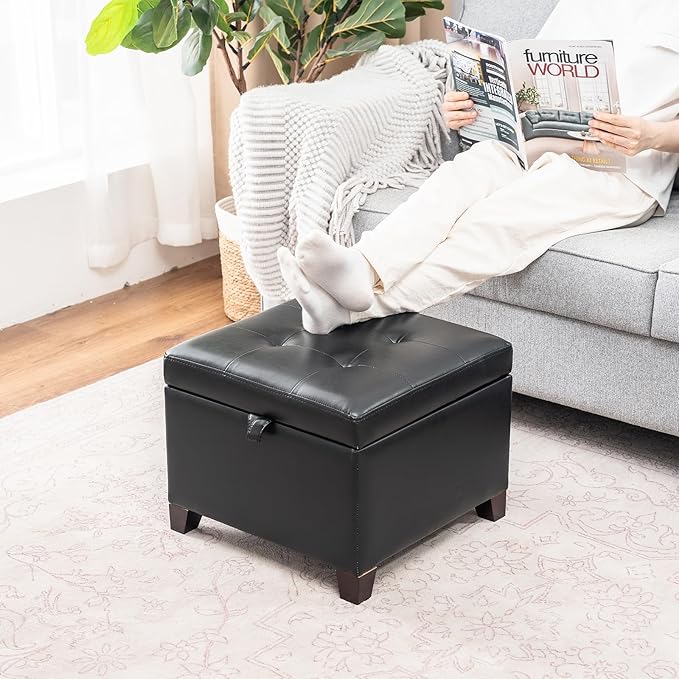 Asense 17 Inch Storage Ottoman Foot Rest,Square Faux Leather Foot Stool,Small Ottoman with Storage,Padded Seat for Entryway,Living Room,Bedroom,Couch,Under Desk,Black