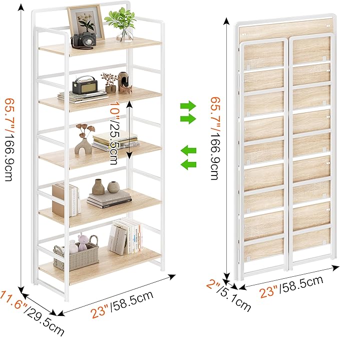 THKKY No Assembly Folding Bookshelf, 5 Tiers Collapsible Book Shelf for Home Office, Vintage Wood Foldable Bookcase Storage Organizer for Living Room Bedroom (Beige)