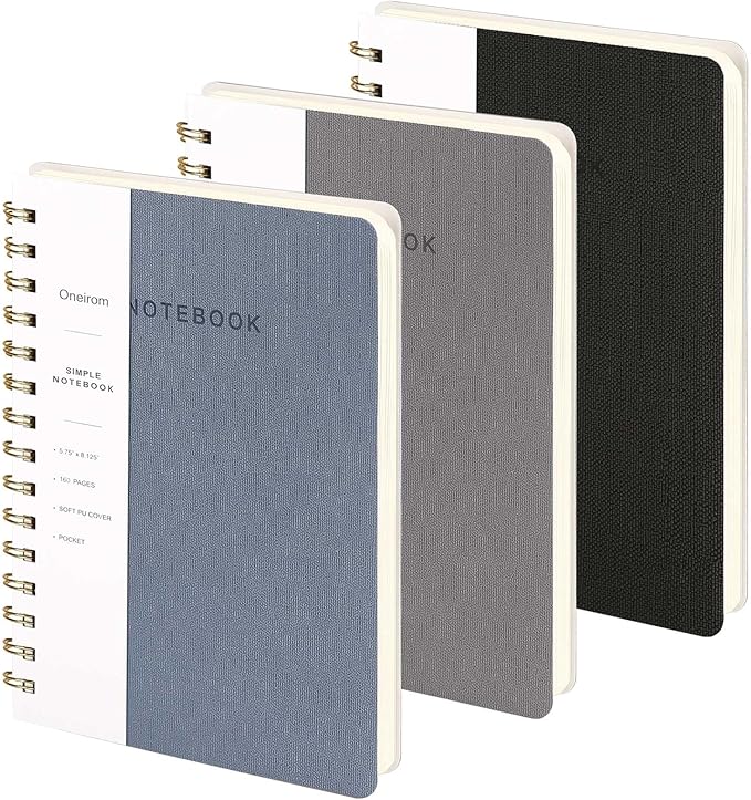 Spiral Notebook-5.75" x 8.125" College Ruled Journal with Inner Pockets and 160 Pages,PU Leather Cover Business Journal, Twin-Wire Binding Notebook Perfect for Office & Home School Supplies 3 pack Reefblue/Grey/Black