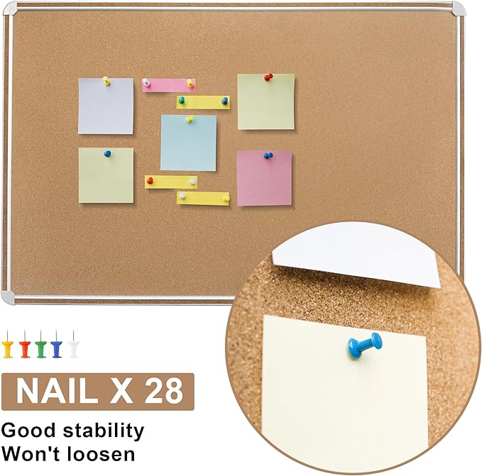 Cork Bulletin Board, 48 X 32 Inches Cork Strip Frame Message Vision Board, Large Wall Mounted Notice Memo Pin Board with 28 Push Pins
