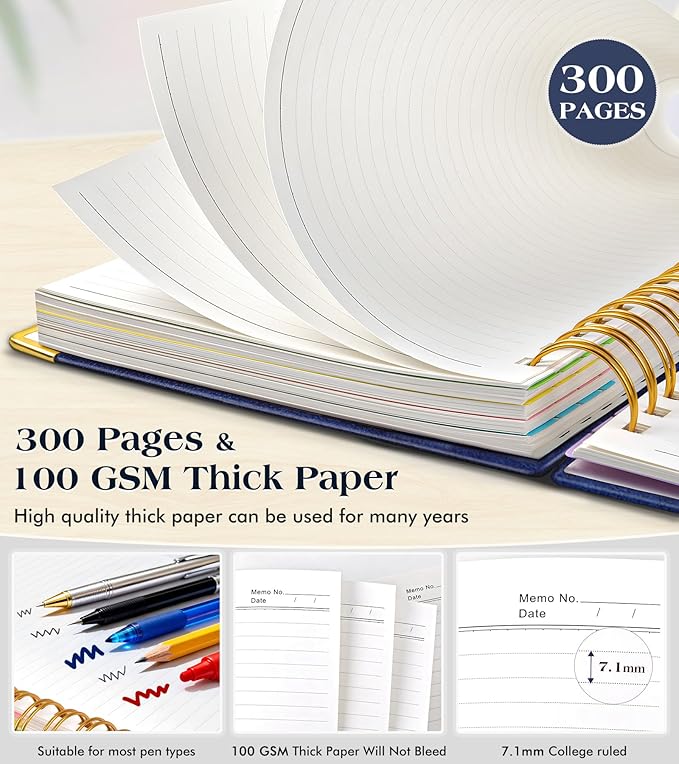 Spiral Notebook Journal with Removable Dividers Tabs, 300 Pages Hardcover Leather 5 Subject College Ruled Notebook, 8"x10" Large B5 Lined Journal for Women Men, Spiral Notebooks for Work School, Navy