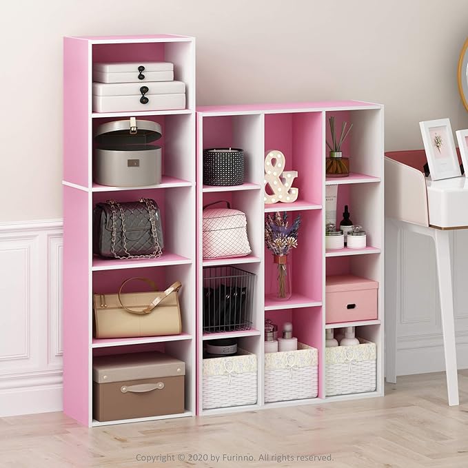 Furinno LUDER Book Shelf, 5-Cube Bookshelf, Bookcase with Open Shelf, 9.4 x 15.8 x 52, for Living Room, Bedroom, Home Office, White/Pink