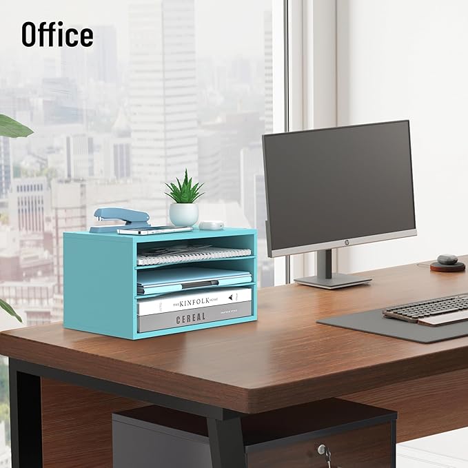 SHARKWOODS Wood Desk Organizer, 3 Tier Paper Tray Organizer for Desk with Adjustable Storage Shelves, Desktop File Organization Paper Sorter Mail Holder for Office Home Classroom, Blue