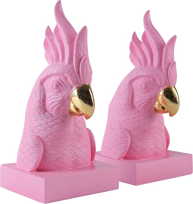 JOOMBE Pink Parrot Decorative Bookends,Set of 2 Cute Bird Animal Sculpture Book Ends to Hold Hevay Duty Books,Unique Resin Statues Book Stopper for Home Office Desk Bookshelf Decor