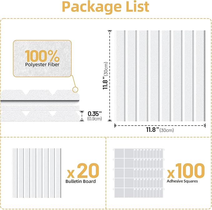 Large Cork Board for Wall 48" x 60" White Bulletin Board with Safe Removable Adhesive Squares for Pictures Photos, Alternative CorkBoard Felt Pin Boards Tiles for Office Classroom Wall Decor - 20 Pack