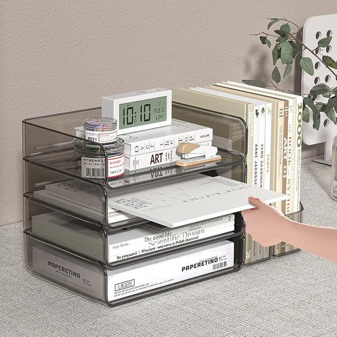 FANXIYQ Acrylic Paper Organizer with Movable Bookends, 4-Tier Stackable Paper Tray for Desk, Brown Clear File & Letter Tray Organizer Office