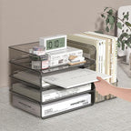 FANXIYQ Acrylic Paper Organizer with Movable Bookends, 4-Tier Stackable Paper Tray for Desk, Brown Clear File & Letter Tray Organizer Office