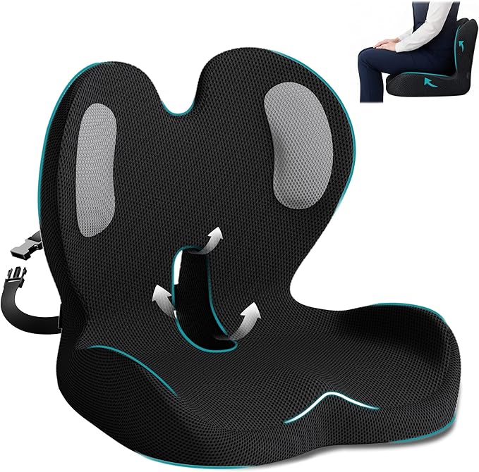 Memory Foam Seat Cushion,Office Chair Cushion with Lumbar Support,L-Shape Ergonomic Cushions with Strap,Non-Slip Sciatica,Hemorrhoids, Tailbone Pain Relief for Office Workers,Driver(Black+Mesh cloth)
