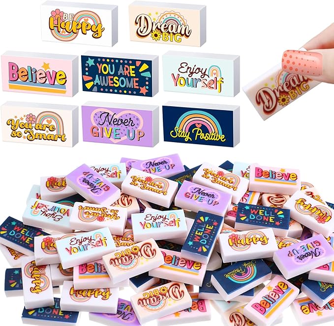Dunzoom 100 Pcs Inspirational Pencil Erasers Bulk for Kids Fun Motivational Eraser School Supplies Back to School Office Supplies for Classroom Office Teacher Artists (Boho)