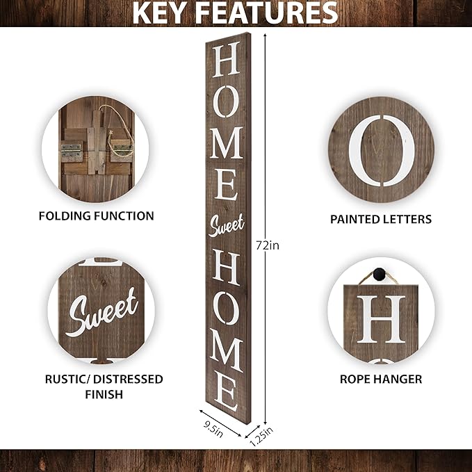 Home Sweet Home Sign for Front Door, Wood Rustic Front Porch Décor, Farmhouse Porch Sign Decorations, Outdoor Signs for Porch, Indoor Outdoor Decorations, Vertical 6ft