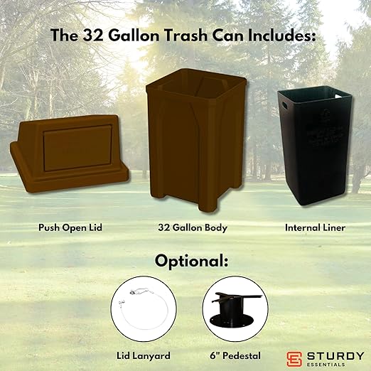Sturdy Essentials 32 Gallon Square 100% Recycled Plastic Heavy Duty Indoor or Outdoor Commercial Trash Can with Push Lid | Great for Schools and Businesses - Brown