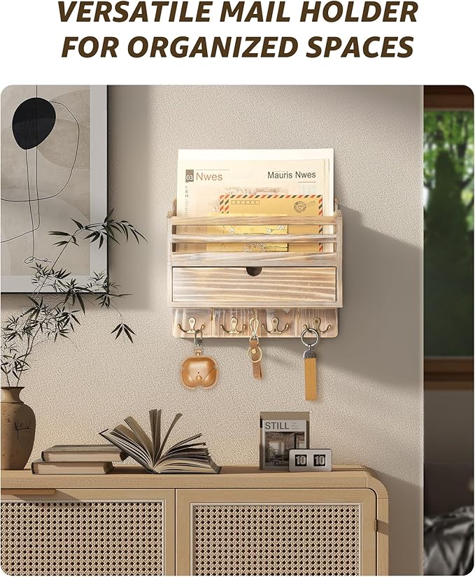 Rebee Vision Farmhouse Mail Organizer Wall Mount – Decorative Key and Mail Holder for Wall with Drawer Organizer and 7 Key Hooks – Apartment Essentials for Home Decor (Natural Wood)