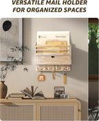 Rebee Vision Farmhouse Mail Organizer Wall Mount – Decorative Key and Mail Holder for Wall with Drawer Organizer and 7 Key Hooks – Apartment Essentials for Home Decor (Natural Wood)