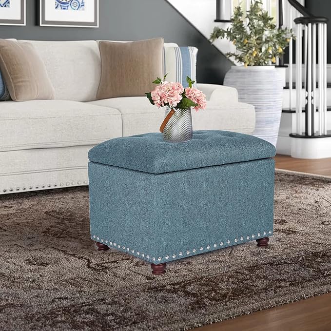Decent Home 24’’ Rectangular Upholstered Storage Ottoman for Living Room- Fabric Foot Stool with Nail-Head Trim- Chests and Organizers, Load Up to 350 lb, Lake Blue